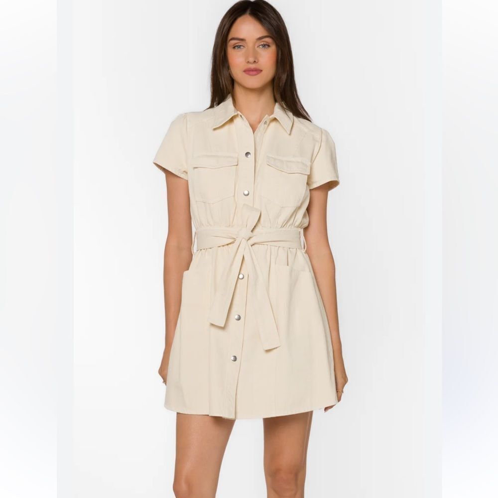 Velvet Heart Tan Cream Buttoned Tie Front Mini Dress